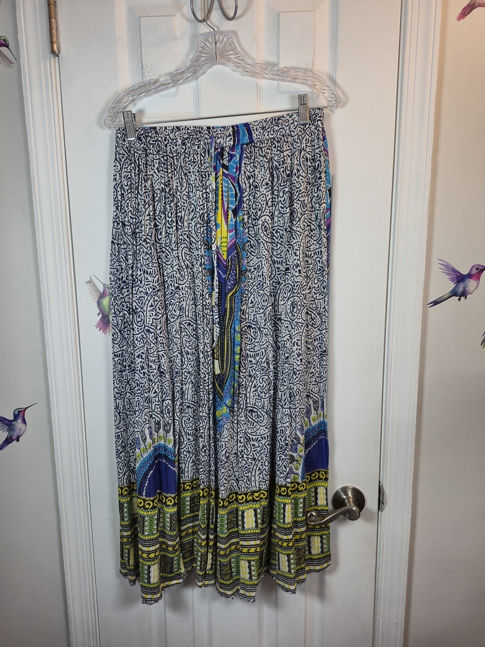 Uniti Casual Dashiki Print Maxi Skirt One Size Boho Festival Cotton Rayon Blue